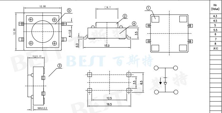 轻触开关TS-1103W封装规格图纸